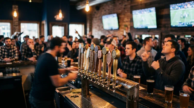 A taproom bar on a game day with taps and screens in the background (illustrative image)